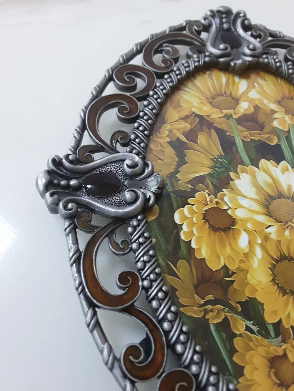 Art Noveau Ornate Pewter-Tone | Brown Enamel Yellow Floral Oval Picture Frame